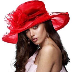 Women Organza Hats Cocktail Tea Party Red2